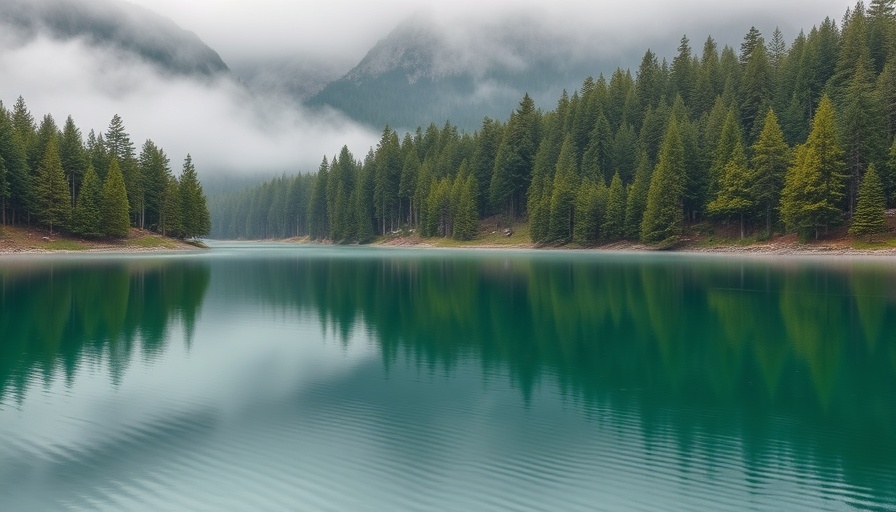 Calm forest reflection on emerald lake with foggy backdrop