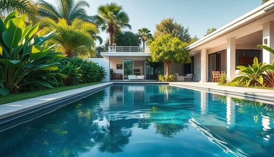 Modern pool and stylish house surrounded by greenery