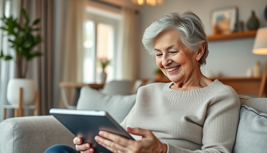 Elderly woman using tablet, technology in senior care setting.