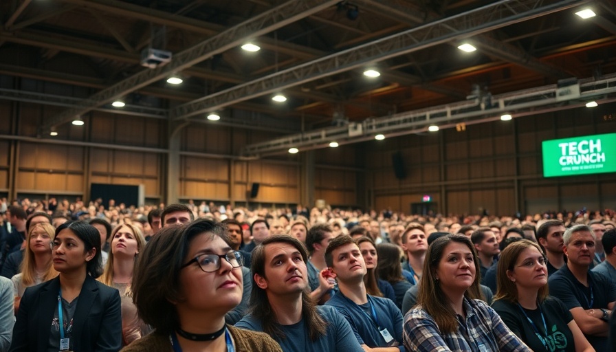 Attendees at TechCrunch All Stage Boston event in large industrial hall.