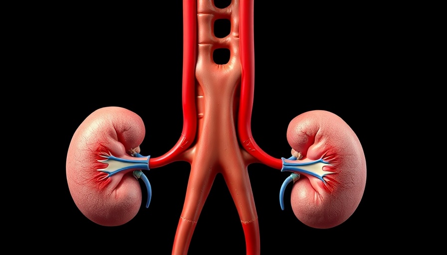 Anatomical illustration of adrenal glands and kidneys for implantable cell therapy adrenal function.