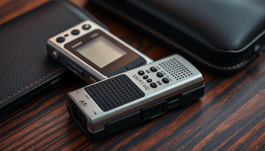 Sleek metallic AI voice recorder and black leather case on wood.