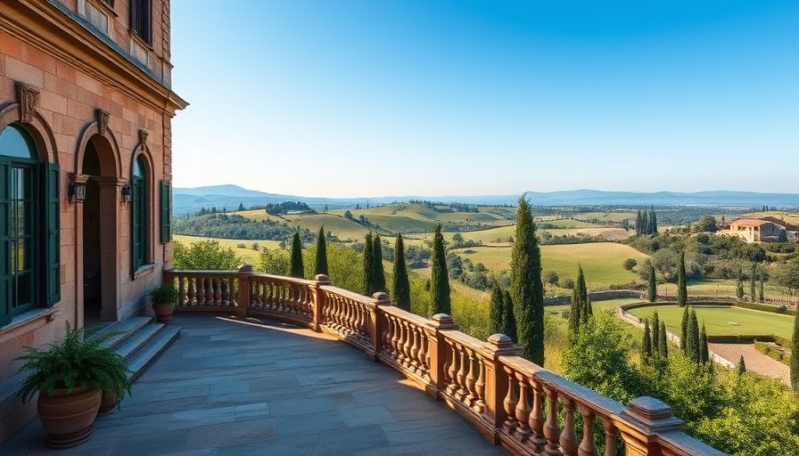 Tuscany mansion terrace view overlooking lush landscape.