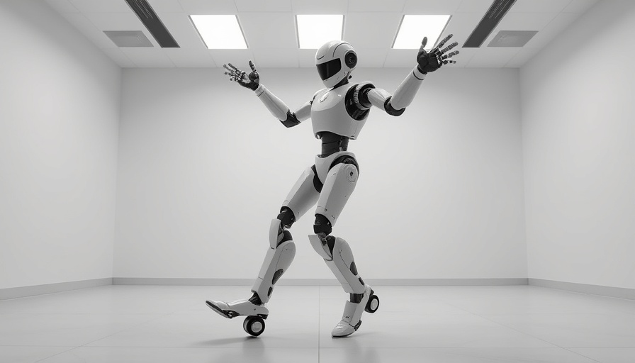 Futuristic robot dancing, capturing the thrill of sports in a minimalist room.