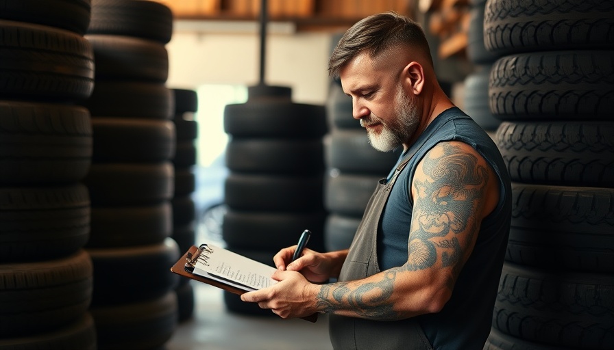 Man in garage taking notes on clipboard surrounded by tires.