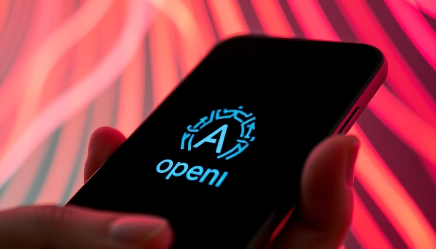 Smartphone showing OpenAI logo, colorful lines background.