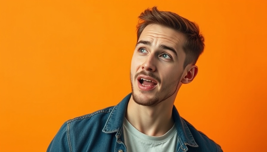 Casual man engaged in discussion against orange background.
