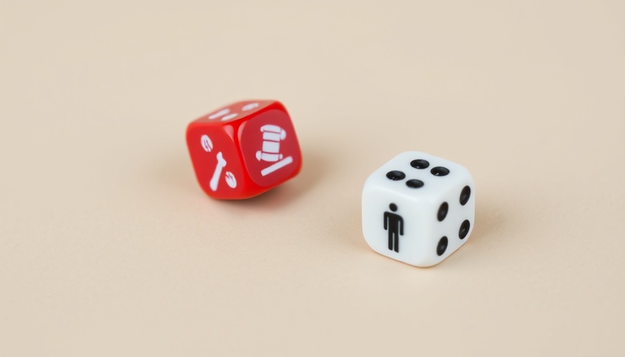 Red dice with gavel icons and white die with businessperson symbol on neutral background.