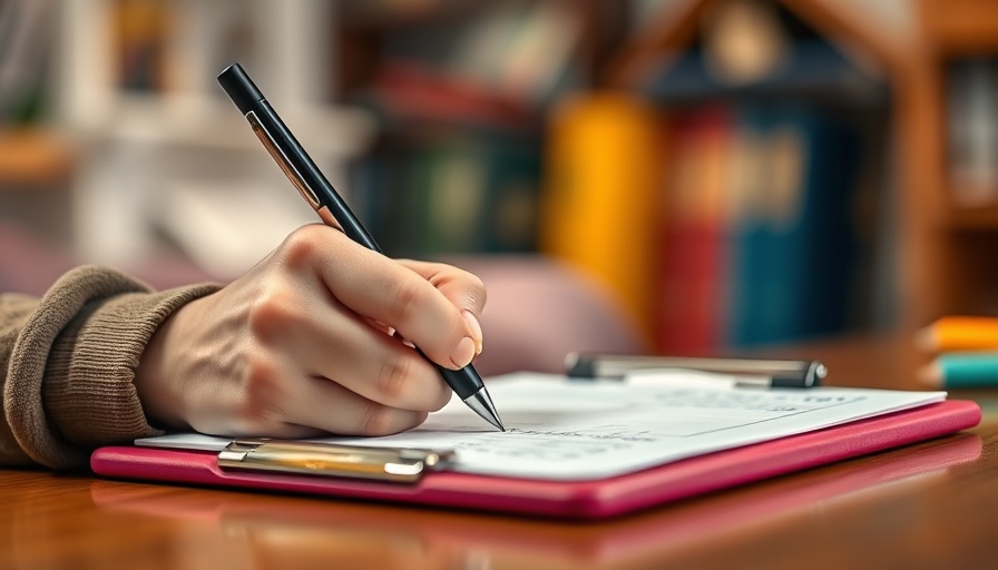 Close-up of a hand writing on a clipboard, educational setting