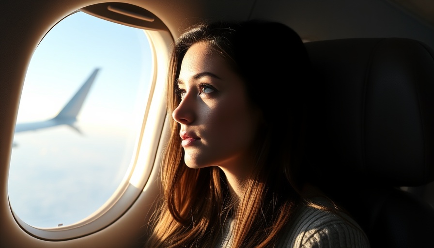 Contemplative woman in airplane, gazing out window at clear sky.