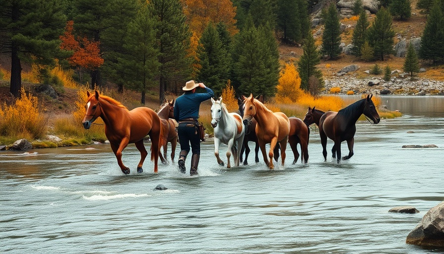 Cowboy leading horses through a forest stream in autumn, luxury getaways for adults summer camp.