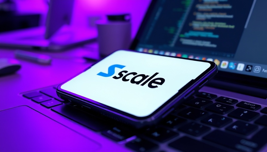 Scale AI logo on smartphone indicating layoffs amidst purple tech setup.