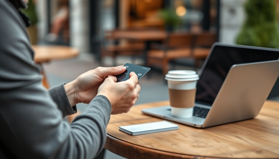 Person using credit card at cafe with laptop and coffee