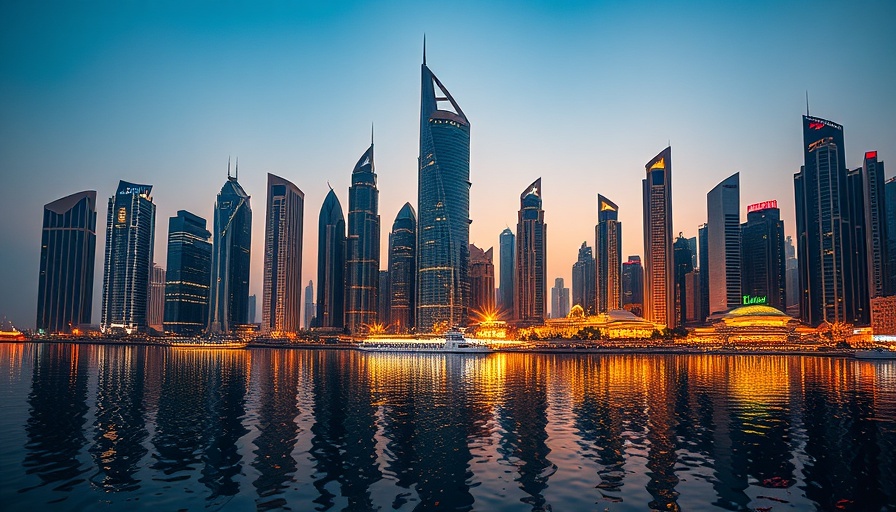 Dubai skyline with illuminated skyscrapers reflecting in water, showcasing luxury real estate.