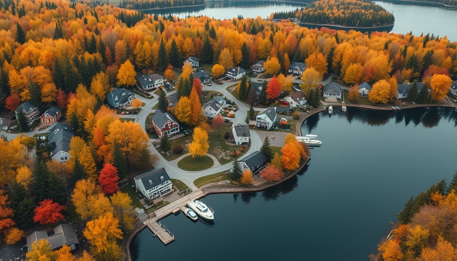 Lakeside houses with autumn foliage, assessing flood zone risk.