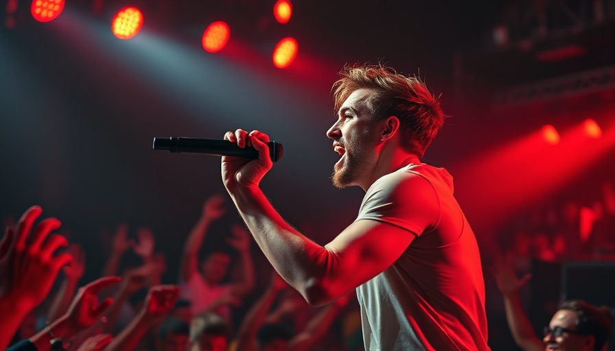 Energetic performer engaging audience with microphone, vibrant concert lights.