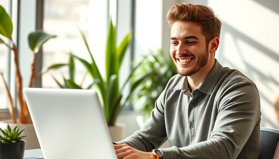 Young professional using a laptop for business decisions in a modern office.