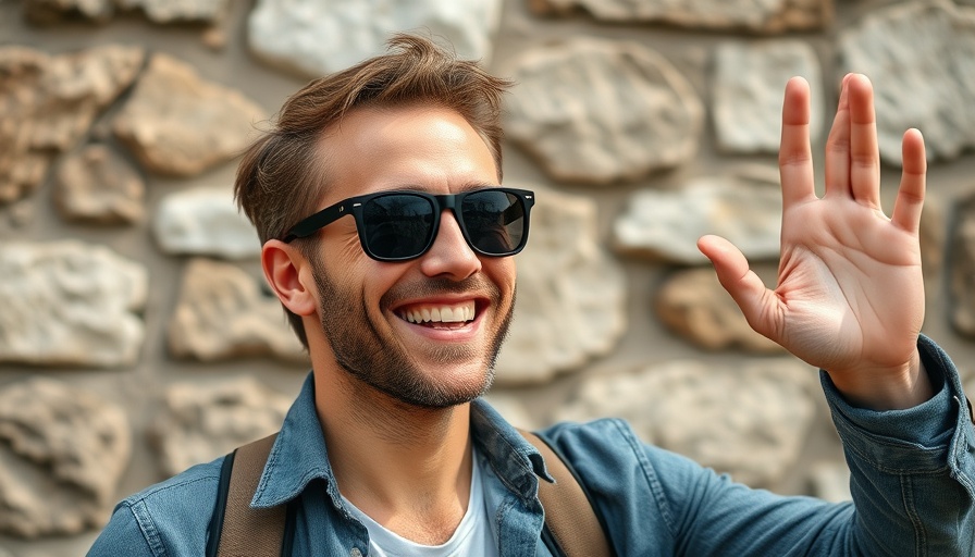Man smiling and waving in front of a stone wall, outdoors.