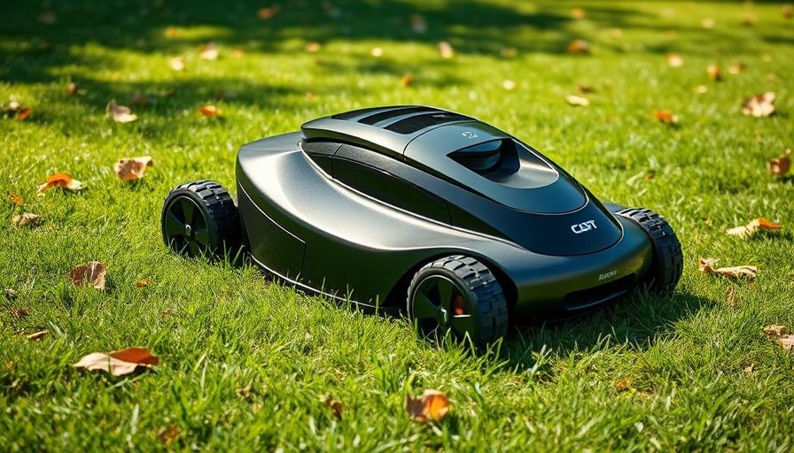 Robot lawn mower with no boundary wire on green grass.