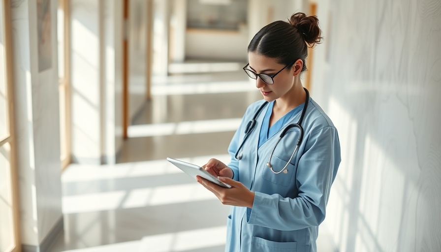 Healthcare professional using a tablet in a well-lit hallway.
