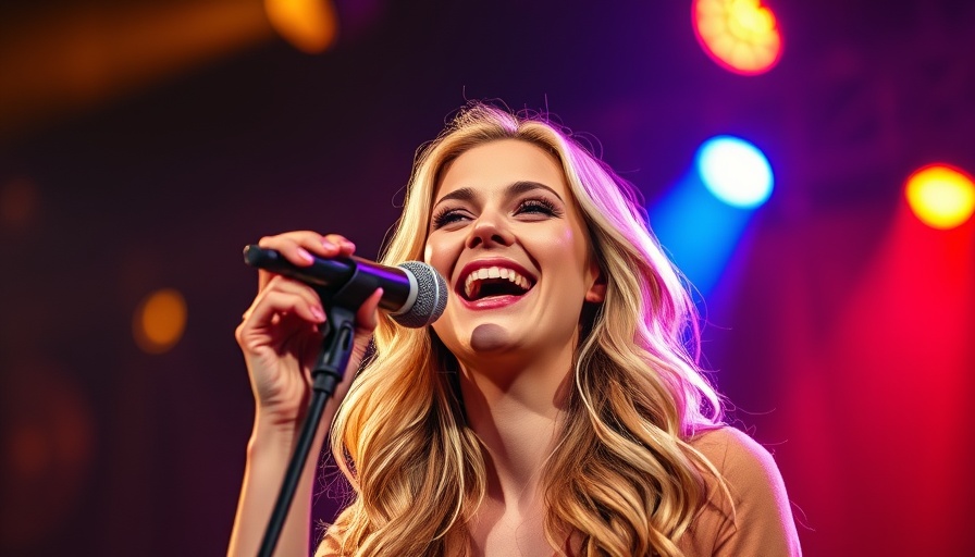 Blonde singer at flood benefit, joyful on stage