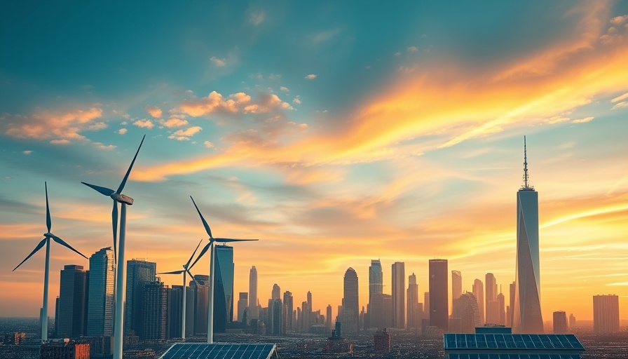 Futuristic city skyline with renewable energy sources representing energy market trends.