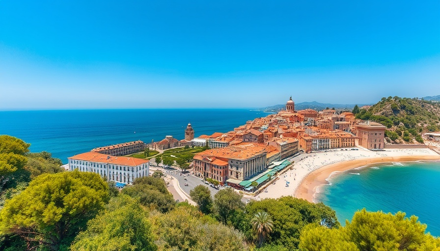 Aerial view of Avola coastline and cityscape, Italy.