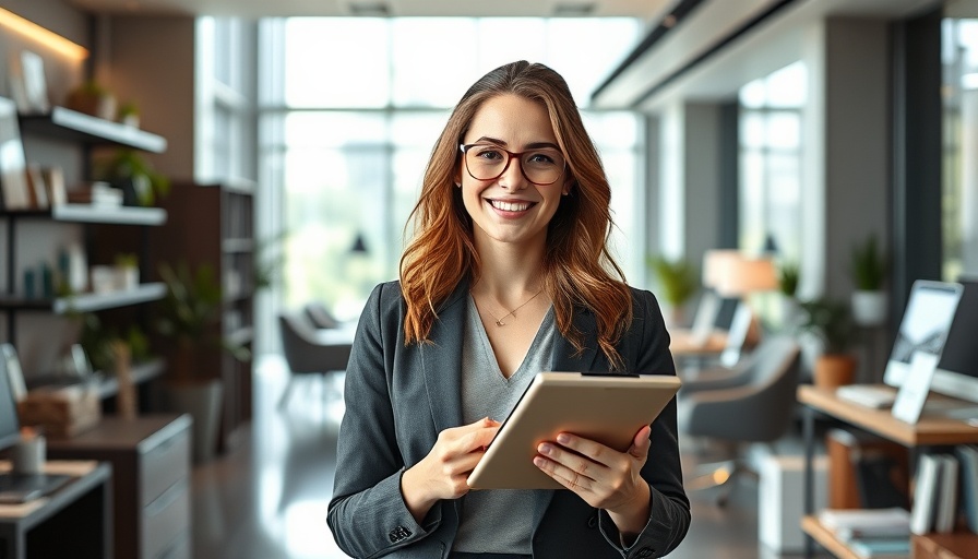Confident entrepreneur showcasing product in a modern office setting.