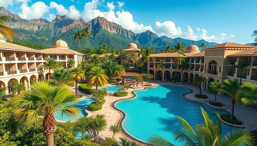 Luxurious tropical Hyatt resort with pools surrounded by greenery and mountains.