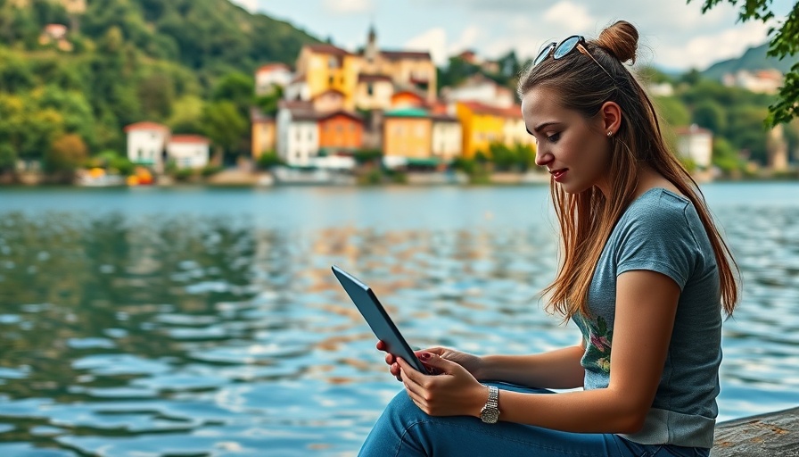 Expat building a global personal brand by a tranquil lake