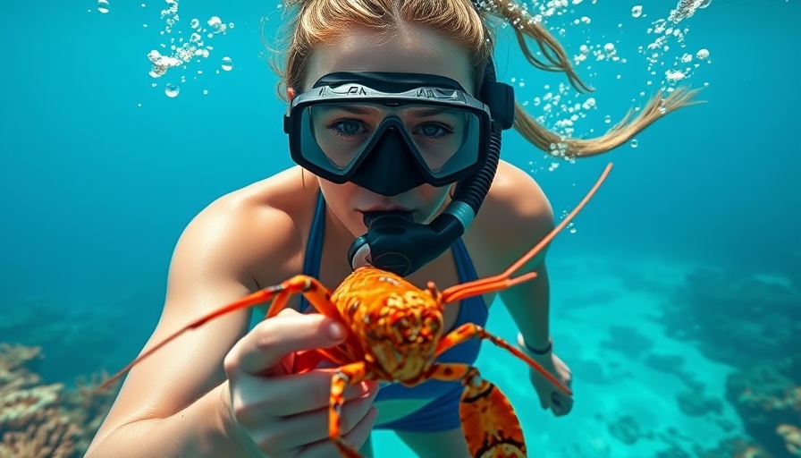Snorkeler captures lobster during Florida lobster season underwater.