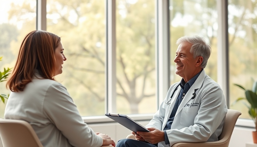 Dermatologist and patient consulting in a clinical office.