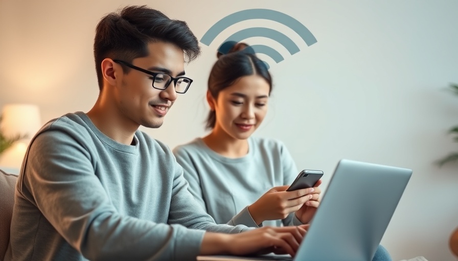 Young couple overcoming Wi-Fi signal obstacles at home.