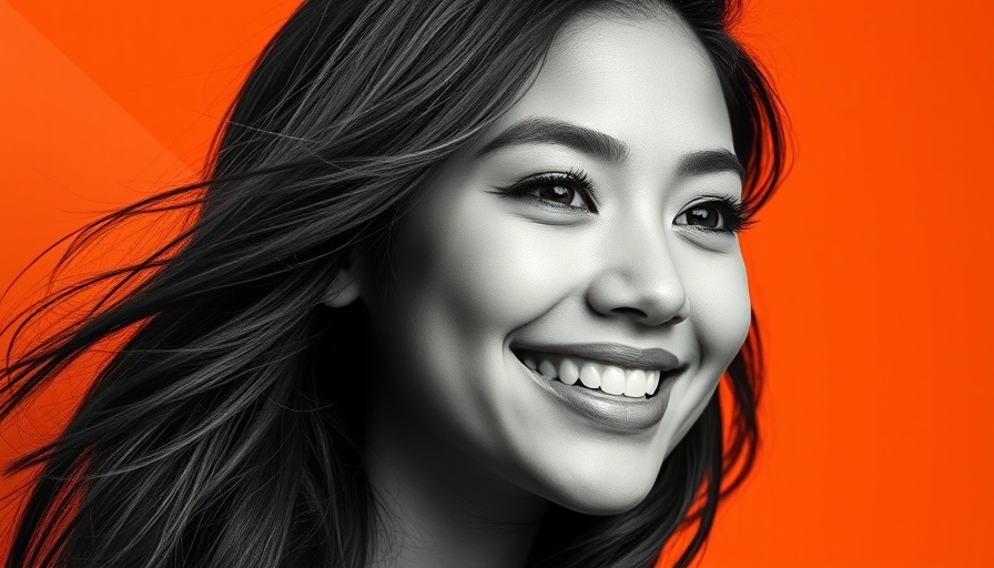 Monochrome portrait of a young woman in robotics, smiling on orange geometric background
