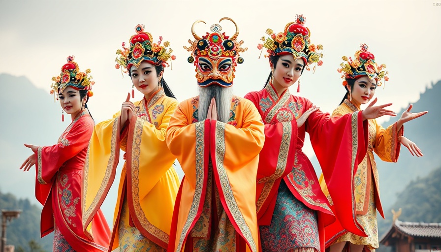 Colorful Peking Opera performers with dramatic costumes, set against misty mountains.