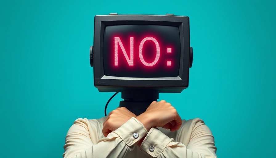 Conceptual art of computer-headed person refusing tasks, 'NO' displayed on monitor.