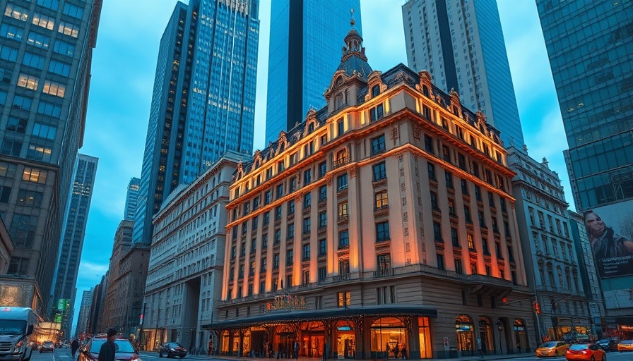 Historic hotel in Colorado lit up at dusk amid skyscrapers.