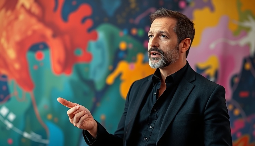 Confident man speaking with gestures, colorful background.
