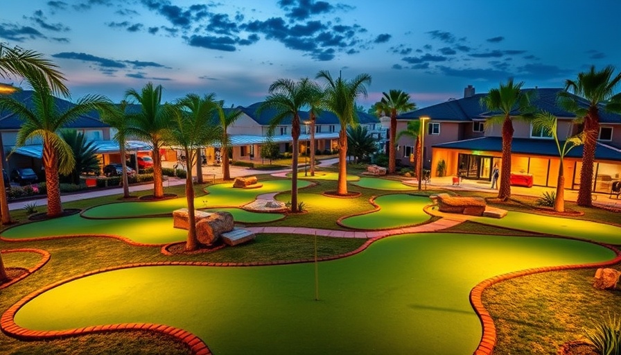 Tiger Woods PopStroke Austin mini-golf course twilight scene.