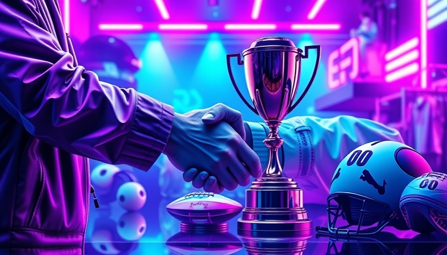 Futuristic neon sports collage with trophy and gear.