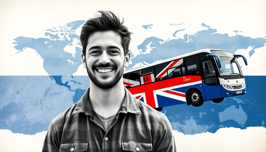 Collage of a smiling man with UK-themed global migration map, Skilled Worker Visa UK theme.