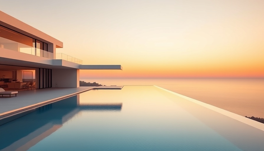 Luxury real estate sales featuring a modern villa with pool at sunset.