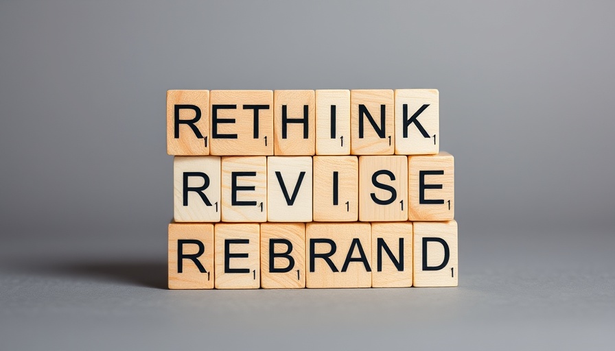 Wooden blocks with rethink, revise, rebrand text; rebranding process concept.