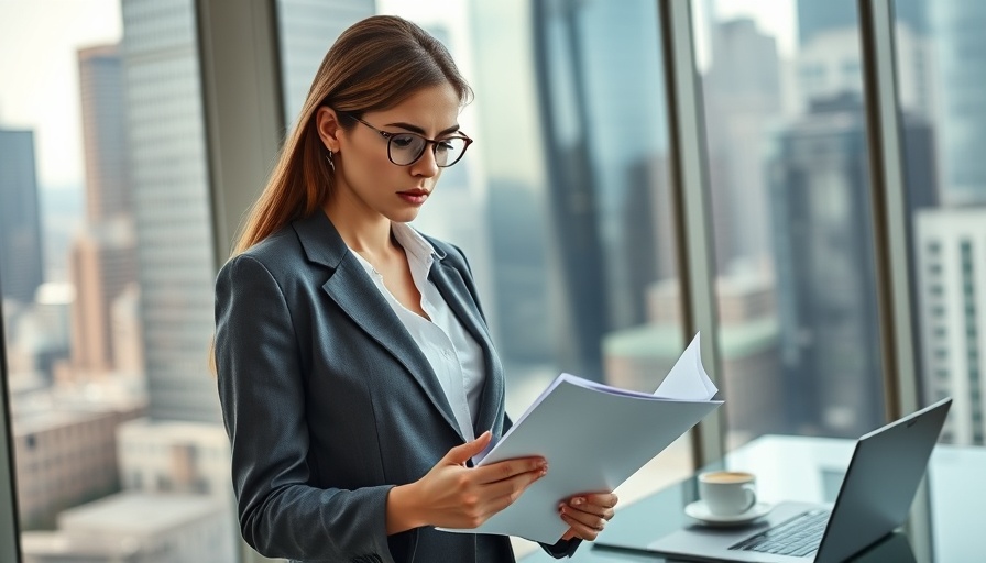 Businesswoman reviews documents in office, impact of tariffs on fashion.