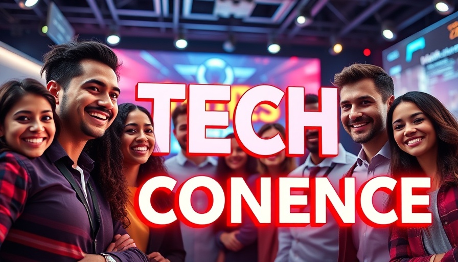 Dynamic tech event banner featuring diverse professionals at a conference.