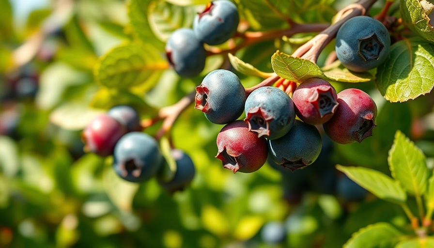 Ripe blueberries on branches promoting brain health