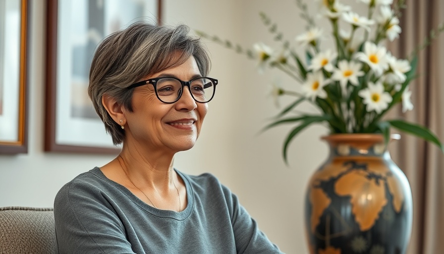 Smiling woman sitting indoors by a flower vase, clean baby formula USA