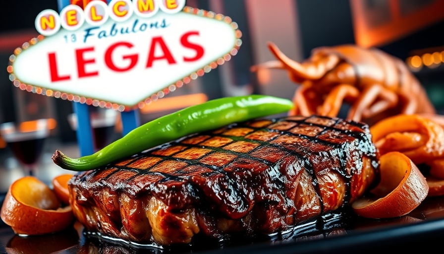 Gourmet grilled steak with vibrant garnish and Vegas sign for restaurant success during pandemic.