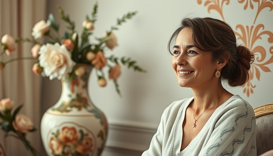 Woman in cozy home, related to clean baby formula, beside floral vase.