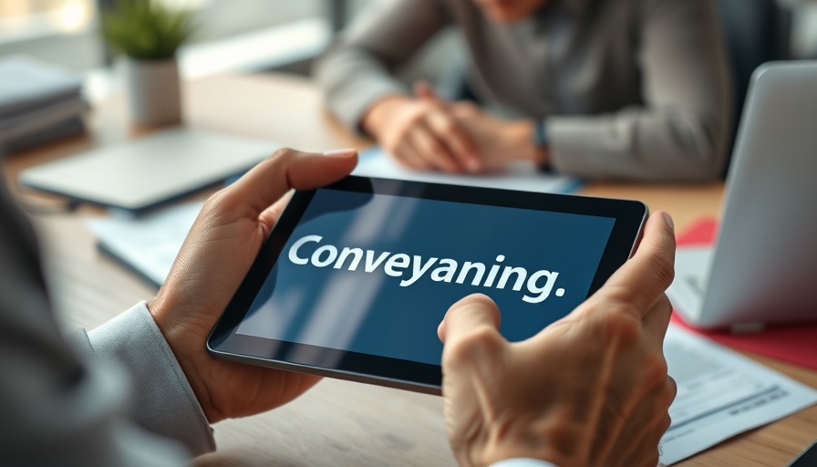 Tablet displaying 'Conveyancing' held over desk; dealing with conveyancer stress.